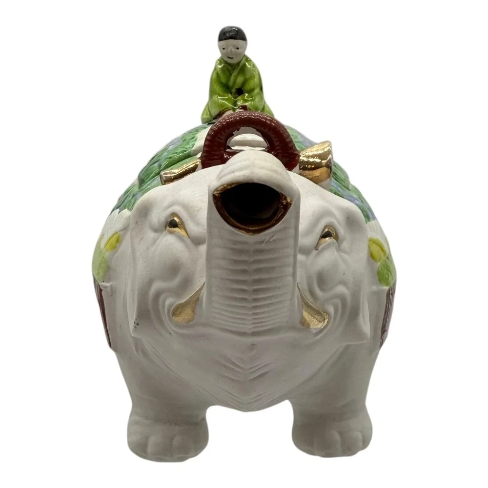 Banko-yaki Japanese Elephant Teapot Figurine Man Riding Elephant Vintage